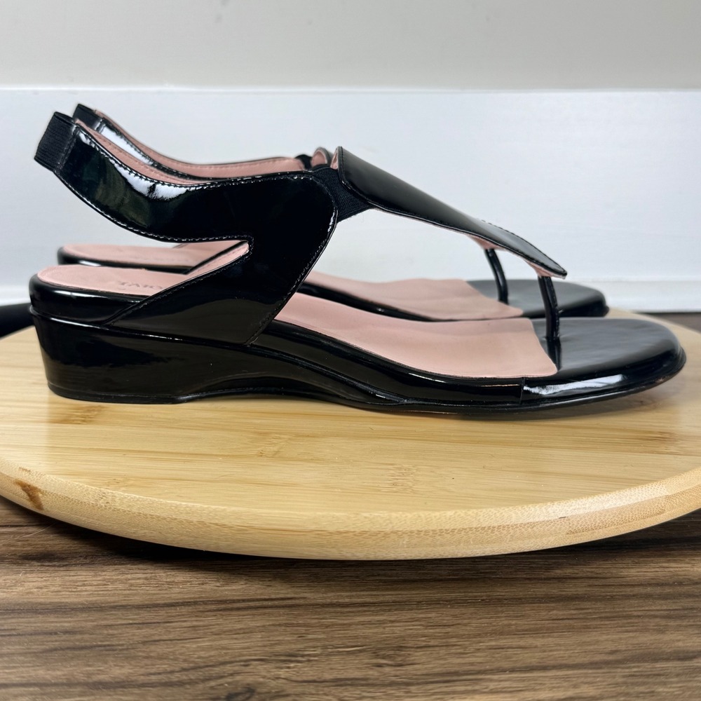 Taryn Rose Wedge Sandals Womens 9 Black Patent Leather Slingback Thong Classic